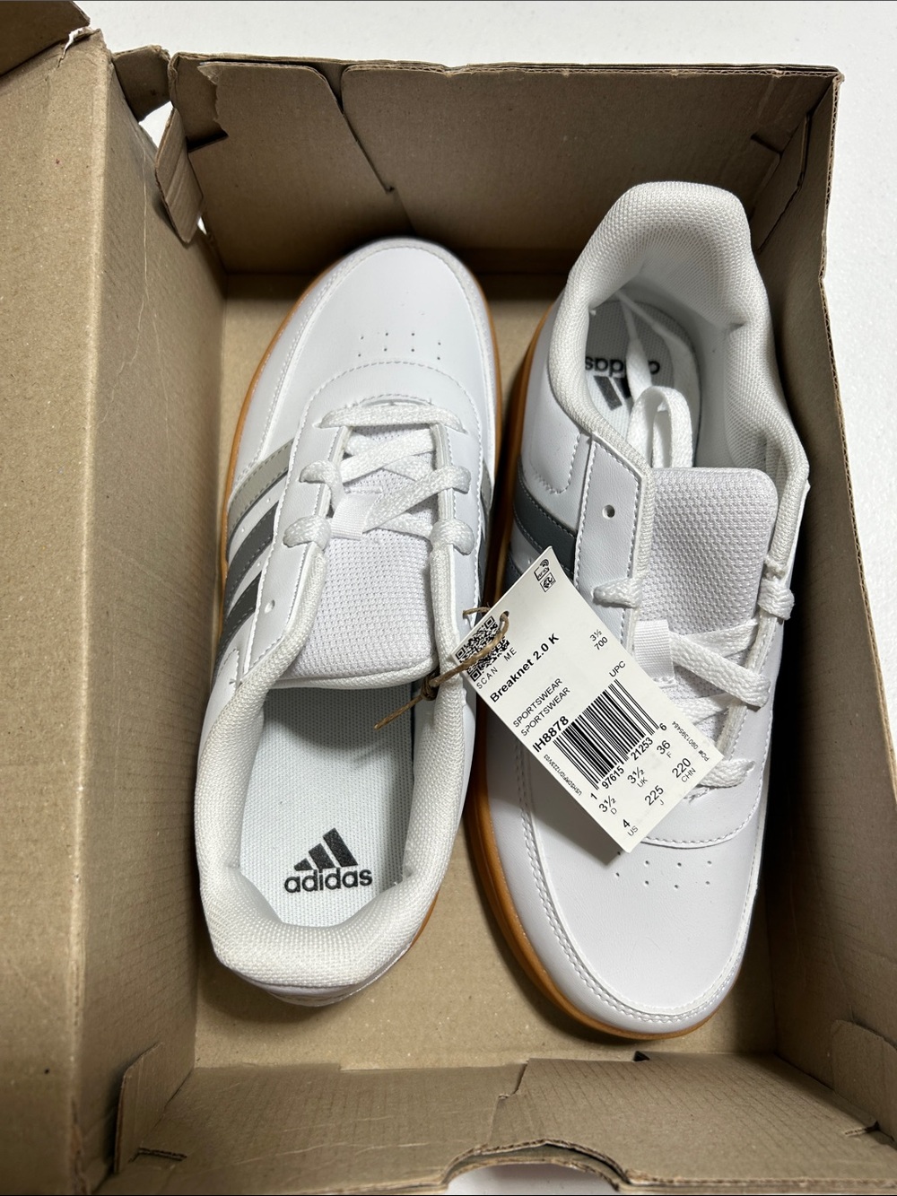adidas White Sneakers with Gray Stripes and Gum Sole